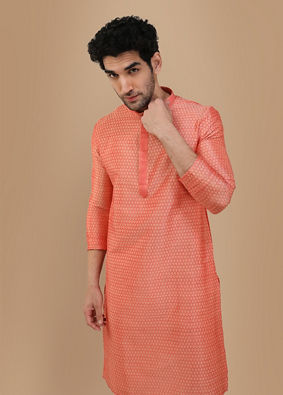 alt message - Manyavar Men Rust Pink Self Design Kurta Set image number 0